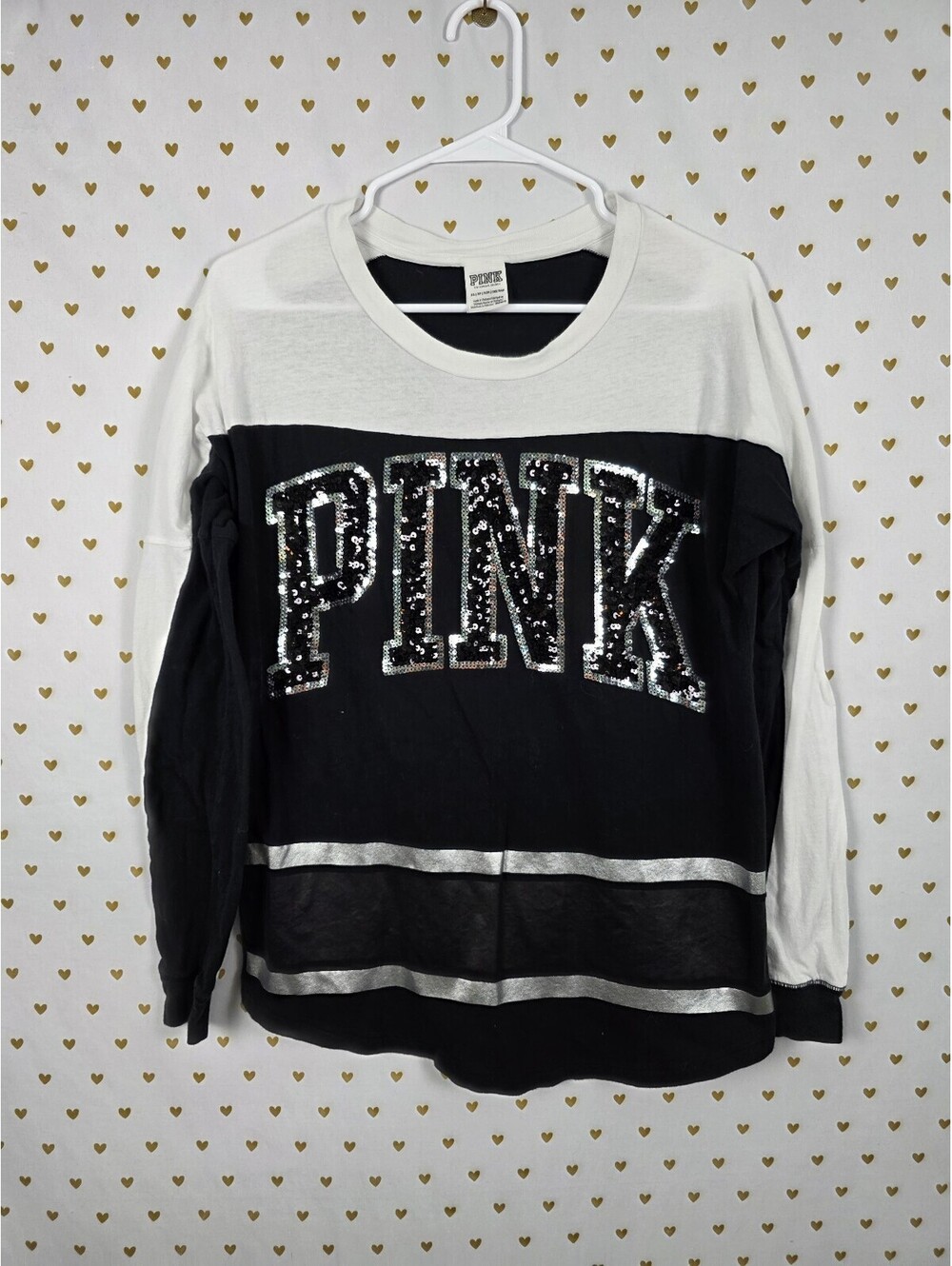 Victorias Secret PINK Logo BLING Long sleeve Colorblock Tee shirt XS